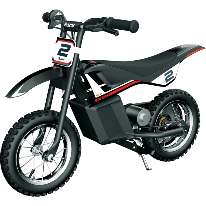 دراجة MX125 ترابية حمراء وسوداء، وزن 33.1 كجم، سرعة 16 كم/ساعة، مثالية للمغامرات وعرضة للتضاريس. من ريزر