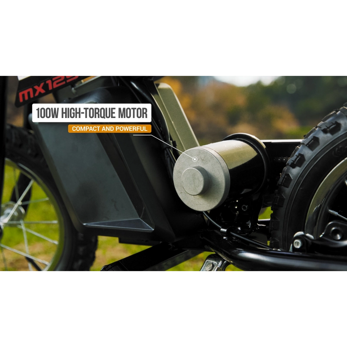 دراجة MX125 ترابية حمراء وسوداء، وزن 33.1 كجم، سرعة 16 كم/ساعة، مثالية للمغامرات وعرضة للتضاريس. من ريزر