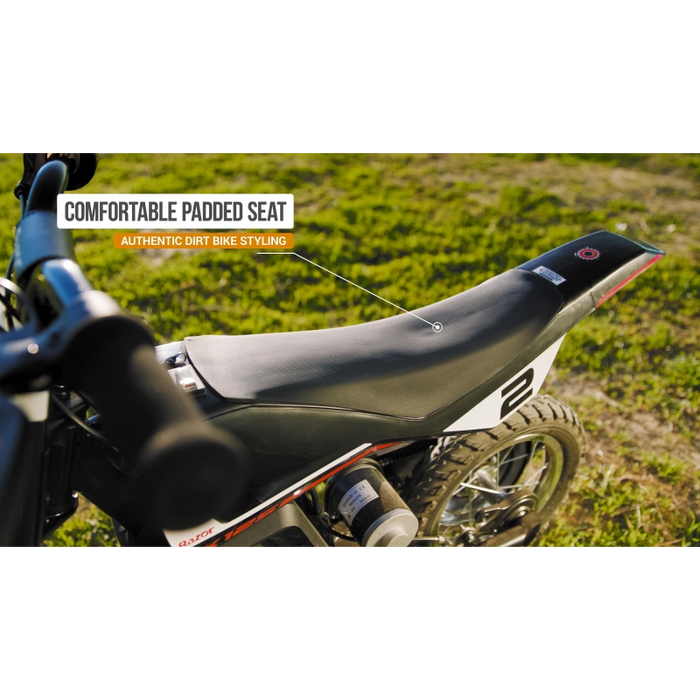 دراجة MX125 ترابية حمراء وسوداء، وزن 33.1 كجم، سرعة 16 كم/ساعة، مثالية للمغامرات وعرضة للتضاريس. من ريزر