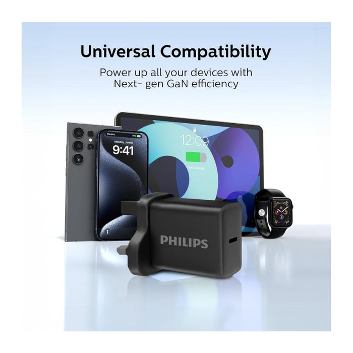 شاحن جدار فيليبس 30 واط بتقنية GaN مع كابل USB-C أسود