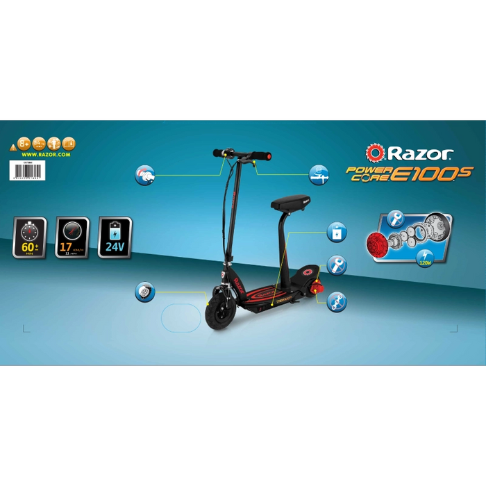 سكوتر كهربائي Power Core E100S بمقعد - أسود/أحمر خفيف الوزن وعالي الأداء من ريزر
