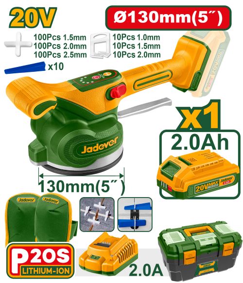 Jadever JDTVM1D128 رجاج بلاط شحن 20 فولت مع بطارية 2 أمبير وصندوق بلاستيك مع واقي ركبة