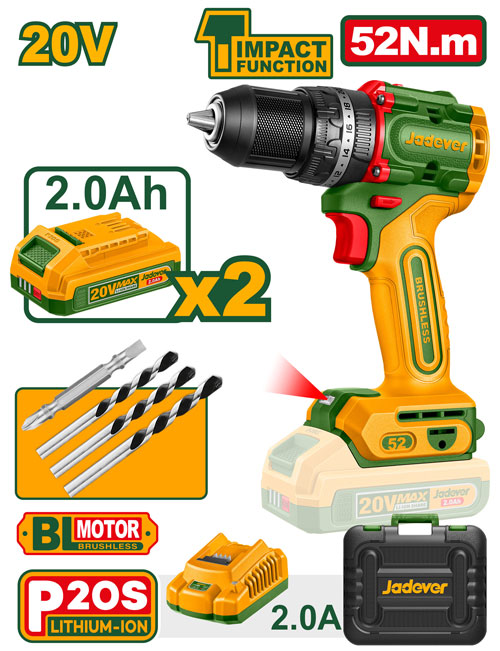 درل شحن 20 فولت جوزة 13 ملم مع 2 بطارية وشاحن Jadever JDCDP5281