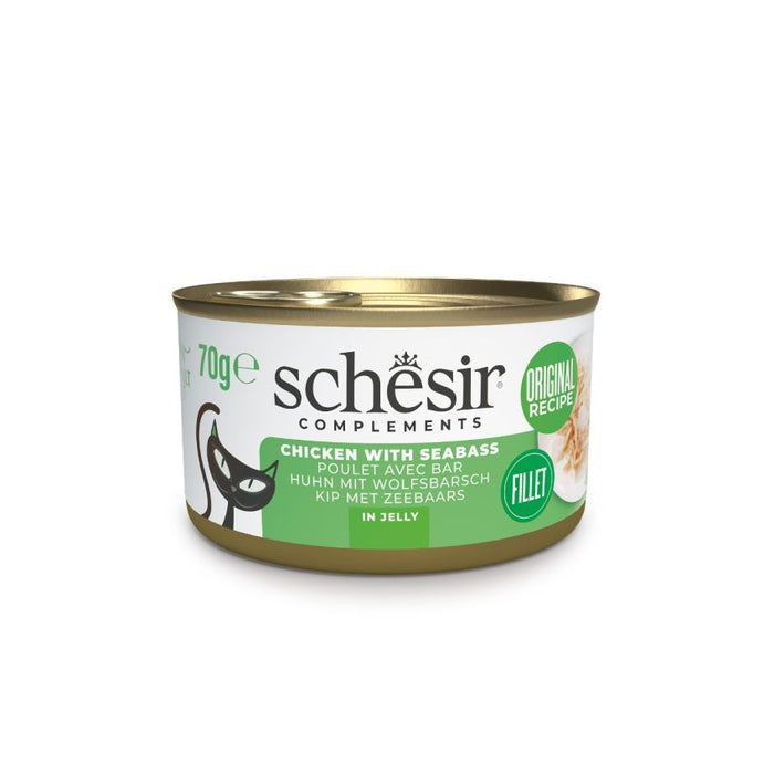 SCHESIR مكمّلات طعام قطط رطب دجاج مع سيباس في جيلي علبة 12x70g للقطط