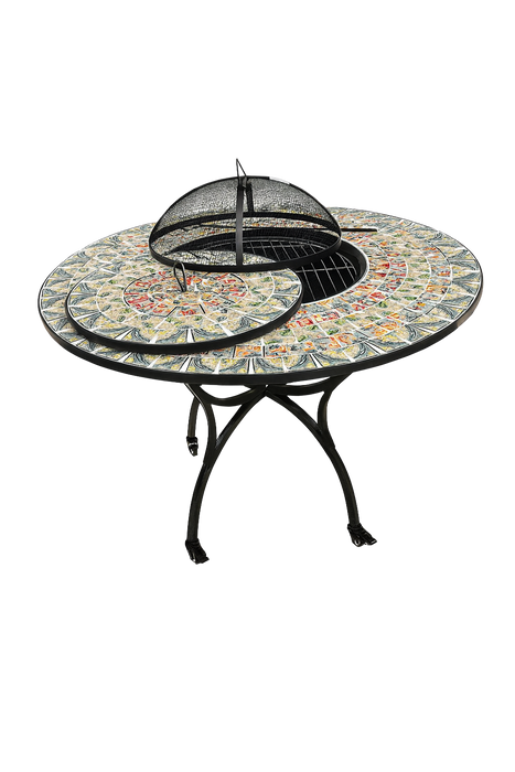 طاولة نار دائرية مزخرفة ببلاط مو Mosaic مدفأة خارجية بحواف فولاذية مقاومة