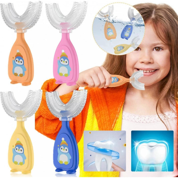 فرشاة أسنان على شكل حرف U، تصميم ملون وشخصيات لطيفة لتعزيز صحة الفم والنظافة. من كيدز سبلايز آند رايد-أون