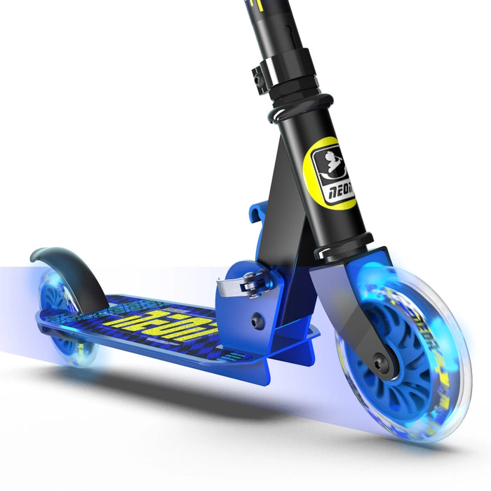 سكوتر نيون أبيكس LED أزرق/أصفر مع عجلات PU 120 مم ومقبض Adjustable لراحة الأطفال من وايفولوشن
