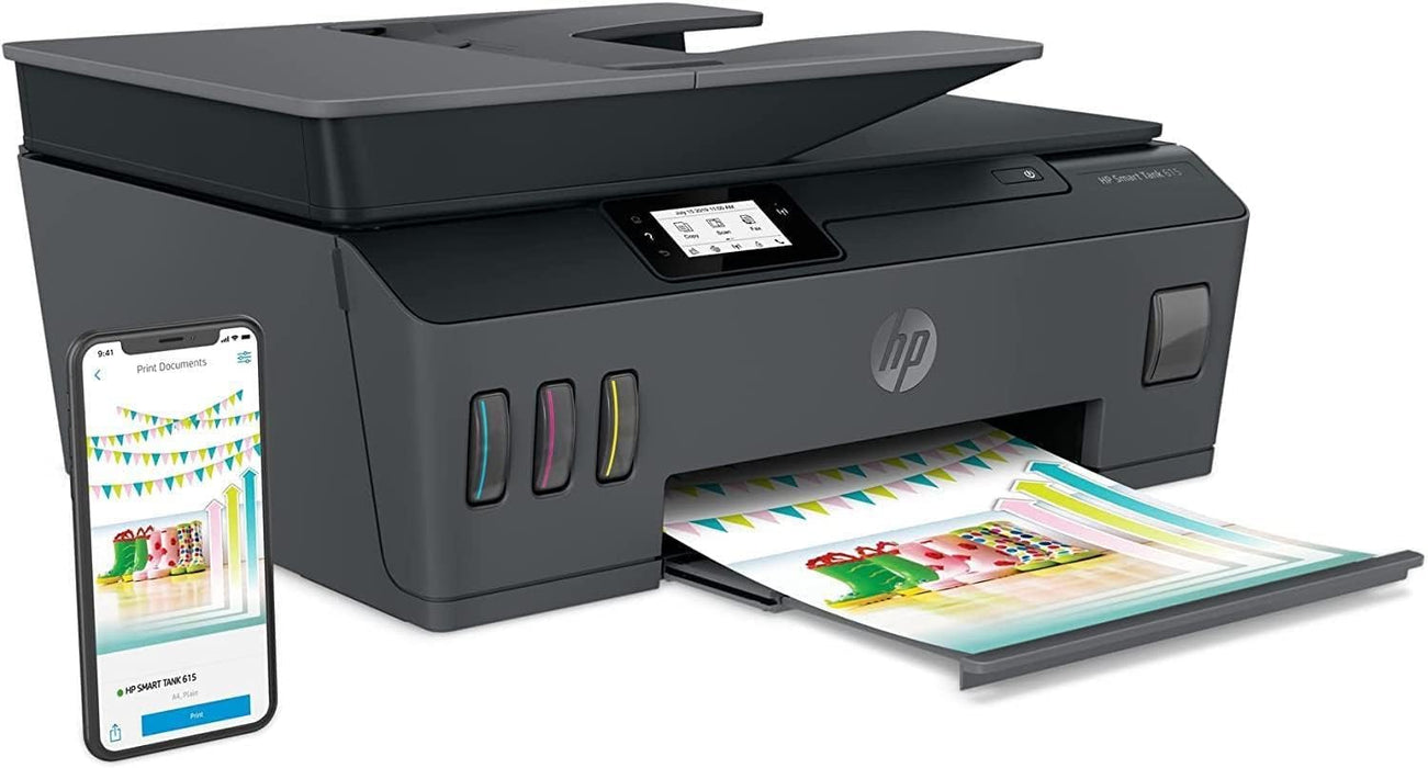 طابعة HP سمارت تانك 615 لاسلكية متعددة الاستخدامات، طباعة ونسخ ومسح ضوئي، تصميم مدمج.