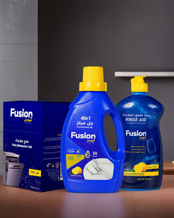 باقة فيوجن الكاملة لجلايات الصحون 3 في 1 جل وزيت وملح 80% طبيعي من Fusion