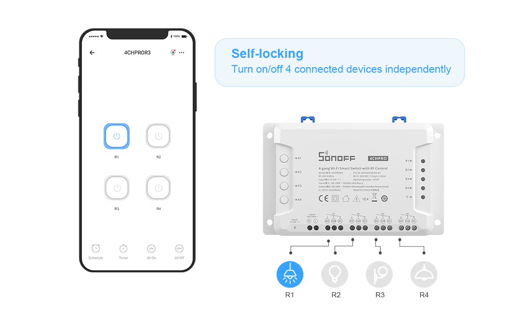 مفتاح ذكي واي فاي 4 قنوات  4CHR3 و 4CHPROR3 للتحكم المستقل بالأجهزة من sonoff