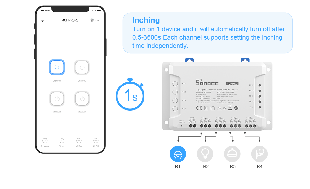 مفتاح ذكي واي فاي 4 قنوات  4CHR3 و 4CHPROR3 للتحكم المستقل بالأجهزة من sonoff