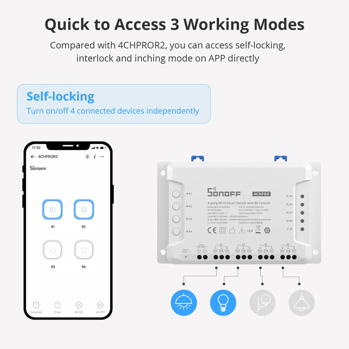 مفتاح ذكي رباعي القنوات للتحكم عبر الواي فاي والتردد اللاسلكي.من SONOFF
