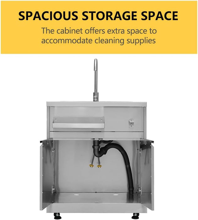 خزانة حوض ستانلس ستيل 32 بوصة بحوض وصنبور – مصنوعة من SUS304 مقاومة للصدأ