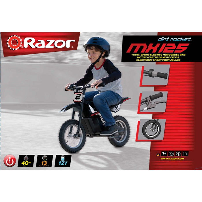 دراجة MX125 ترابية حمراء وسوداء، وزن 33.1 كجم، سرعة 16 كم/ساعة، مثالية للمغامرات وعرضة للتضاريس. من ريزر