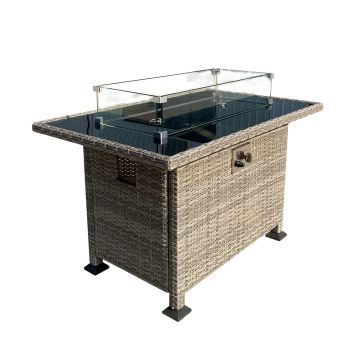 طاولة نار مقاومة للحرارة مع سطح زجاجي وتصميم فولاذي رمادي للحدائق