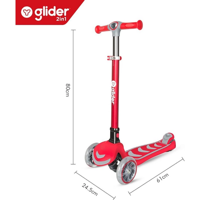 سكوتر ييفولوشن Y Glider 2 في 1 - أحمر، وزن 20 كغ للمقعد، 50 كغ للسكوتر، مقود قابل للتعديل. من وايفولوشن
