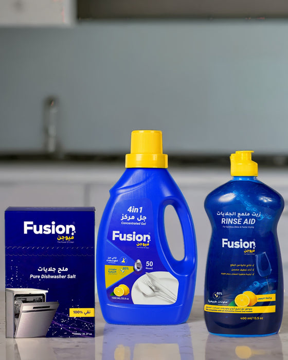 باقة فيوجن الكاملة لجلايات الصحون 3 في 1 جل وزيت وملح 80% طبيعي من Fusion