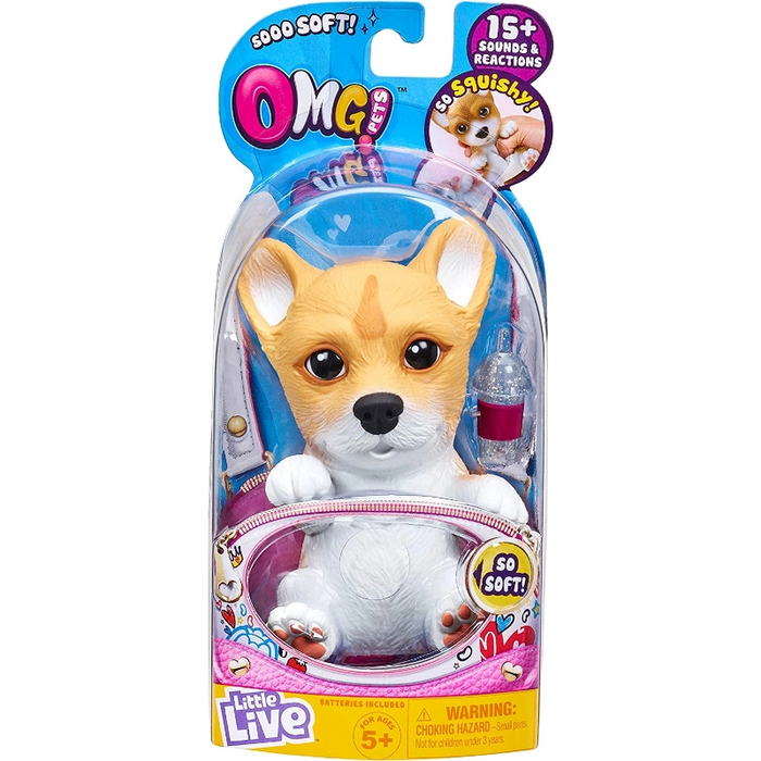 OMG Pets حزمة واحدة - كورجي مع ألعاب تفاعلية وصوت كلب حقيقي وصوت تغذية مريح من موس