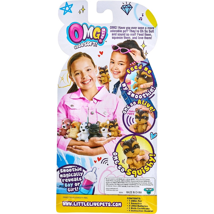 باقة واحدة من OMG Pets - يوركي: جرو تفاعلي مع 15 صوتاً وزجاجة عصير لتغذيته. من موس