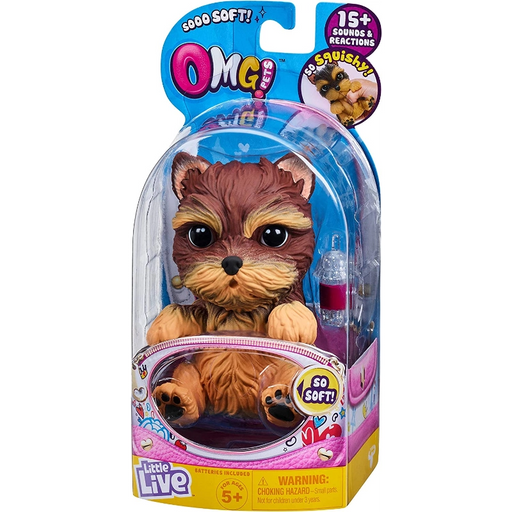 باقة واحدة من OMG Pets - يوركي: جرو تفاعلي مع 15 صوتاً وزجاجة عصير لتغذيته. من موس
