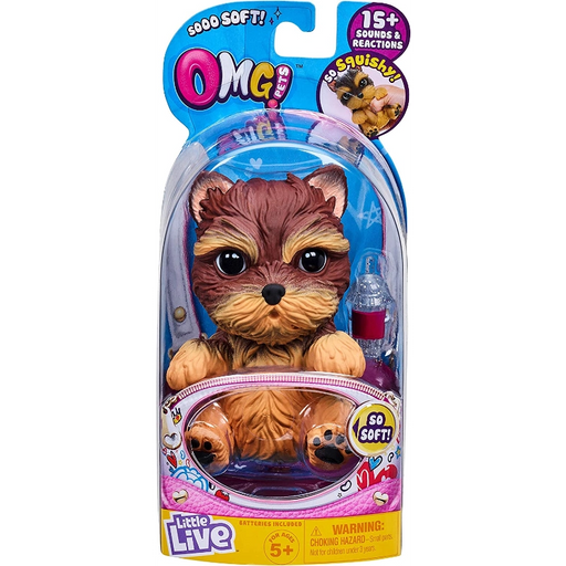 باقة واحدة من OMG Pets - يوركي: جرو تفاعلي مع 15 صوتاً وزجاجة عصير لتغذيته. من موس
