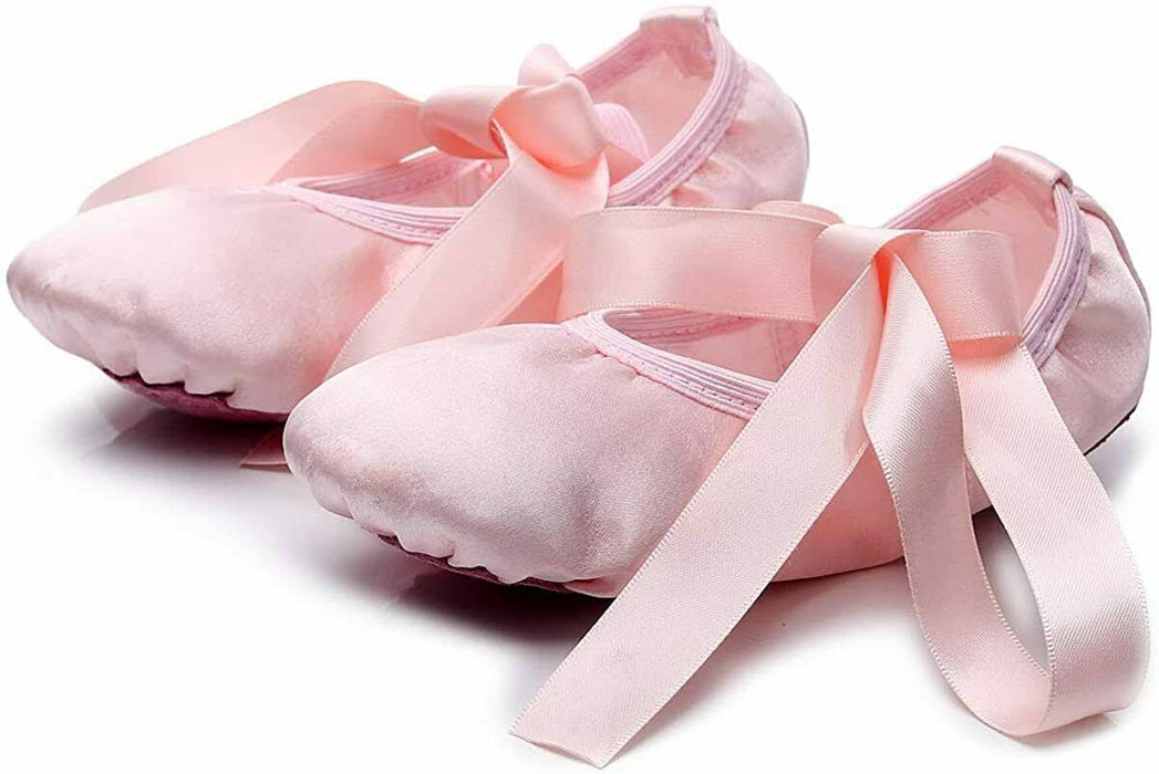 حذاء رقص باليه من الستان بمقاسات 28-37 مع تصميم أحزمة مرنة لتنفيذ الأداء المتميز