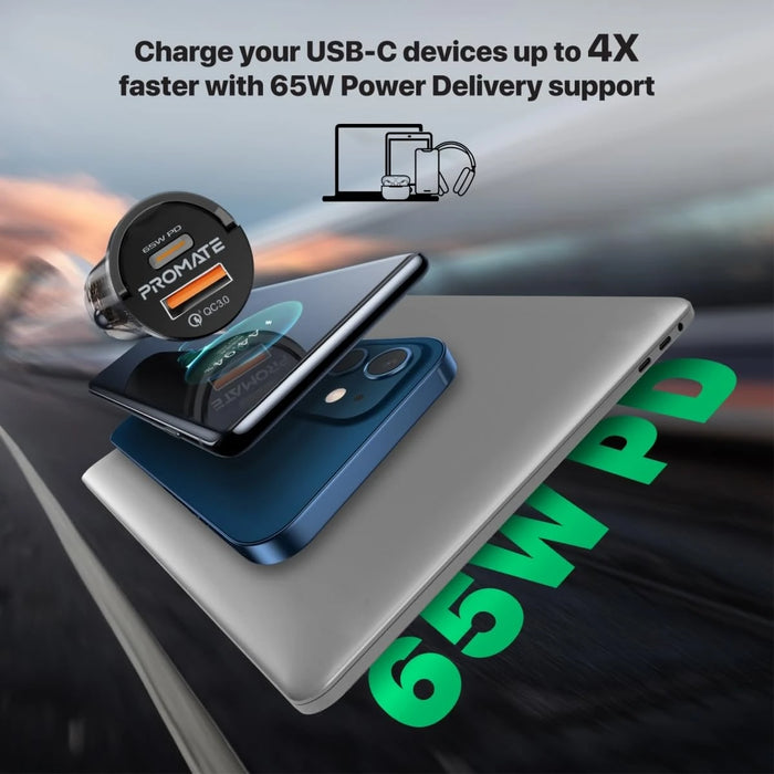 شاحن سيارة شفاف بقوة 65 واط وشحن سريع PD وQC 3.0 بتصميم مدمج من PROMATE