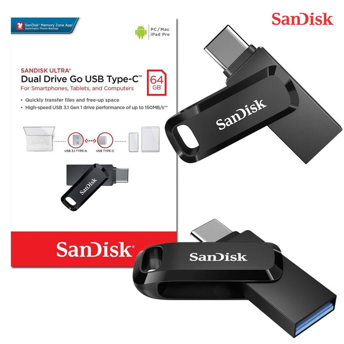 فلاشة وحدة تخزين سانديسك ألترا دوال درايف مزدوجة 64 جيجابايت بمنفذ USB Type-C و Type-A بسرعة 150MB/s