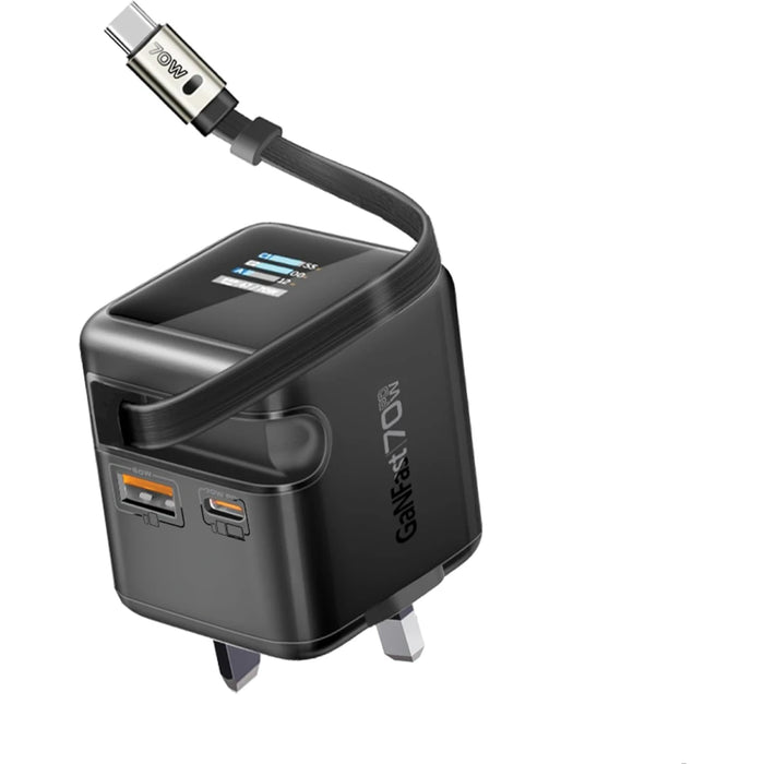 شاحن جداري GaNFast بقوة 70W مع كابل USB-C قابل للسحب وشاشة TFT ذكية من PROMATE