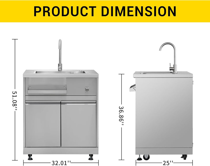 خزانة حوض ستانلس ستيل 32 بوصة بحوض وصنبور – مصنوعة من SUS304 مقاومة للصدأ