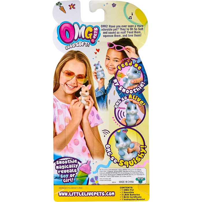 أرنب رمادي من OMG Pets تفاعلي يصدر أصوات حقيقية ويشمل شهادة ميلاد زجاجة تغذية. من موس