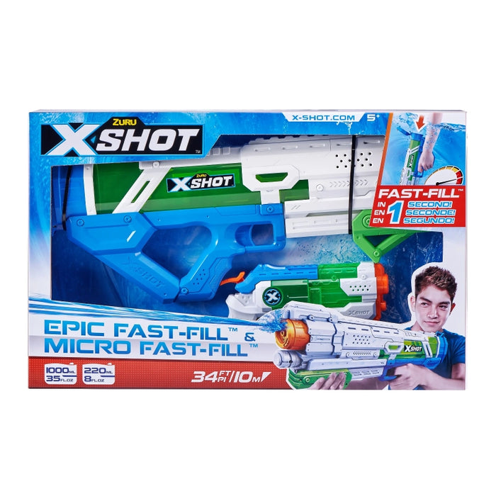 حزمة X-Shot فاست فيل كومبو الكبيرة والصغيرة - أسرع مسدس ماء قابل للتعبئة بقدرة خزان 1000 مل. من زورو
