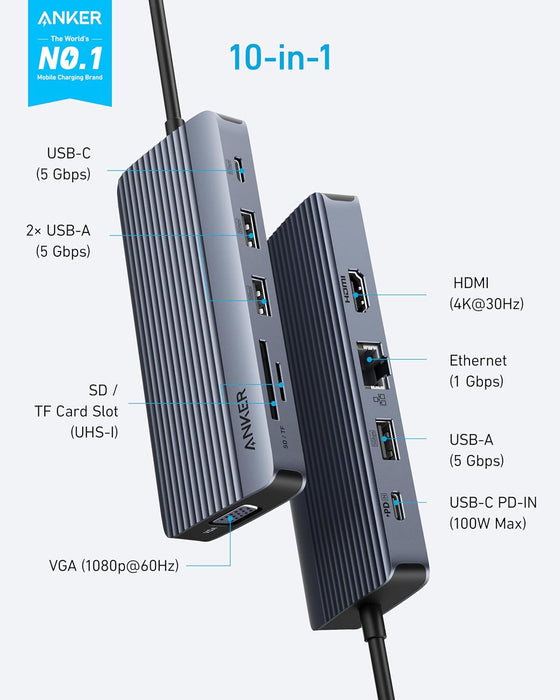 موزع أنكر USB-C 10 في 1 مع دعم شاشات 4K و100 واط لإمداد الطاقة