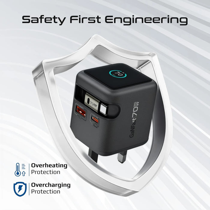 شاحن جداري GaNFast بقوة 70W مع كابل USB-C قابل للسحب وشاشة TFT ذكية من PROMATE