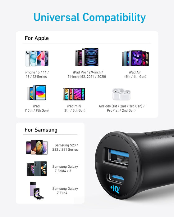 شاحن سيارة 30W مع USB-C وUSB-A للشحن السريع أثناء التنقل من Anker