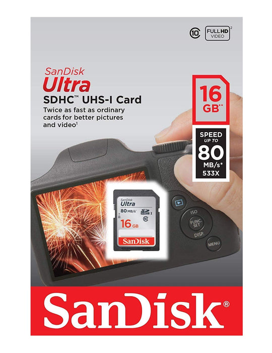 بطاقة سانديسك الترا SDHC بسعة 16GB، سرعة نقل حتى 80MB/s، مقاومة للماء والحرارة.