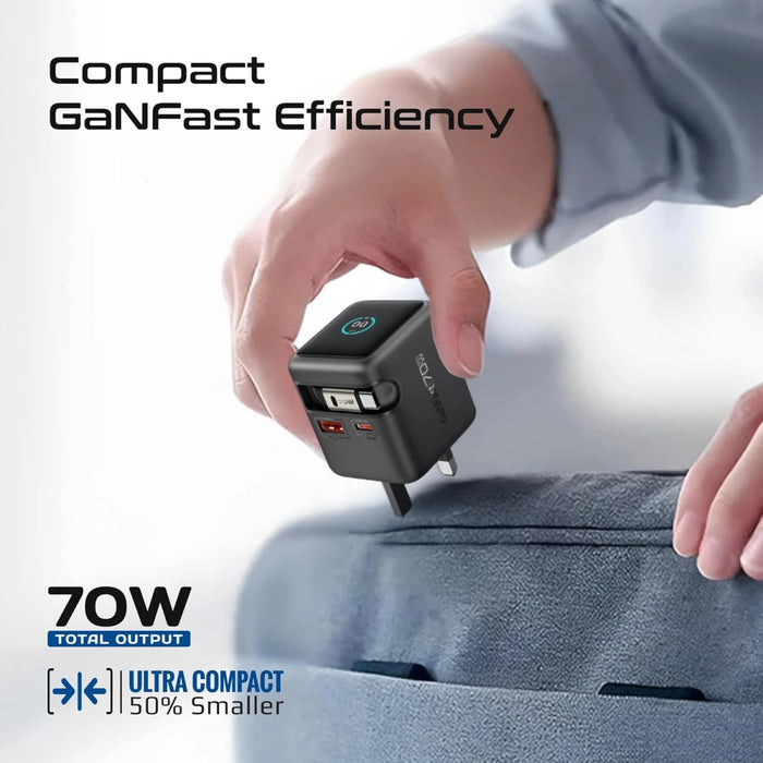 شاحن جداري GaNFast بقوة 70W مع كابل USB-C قابل للسحب وشاشة TFT ذكية من PROMATE
