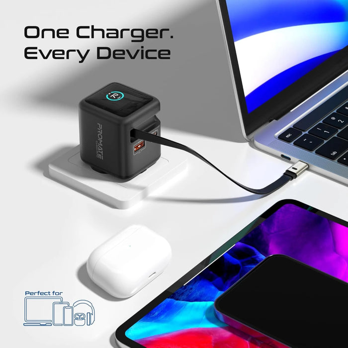 شاحن جداري GaNFast بقوة 70W مع كابل USB-C قابل للسحب وشاشة TFT ذكية من PROMATE