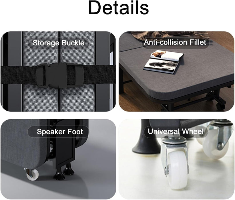 سرير ضيف قابل للطي 190x90 سم من إطار معدني محمول مع مسند رأس قابل للتعديل