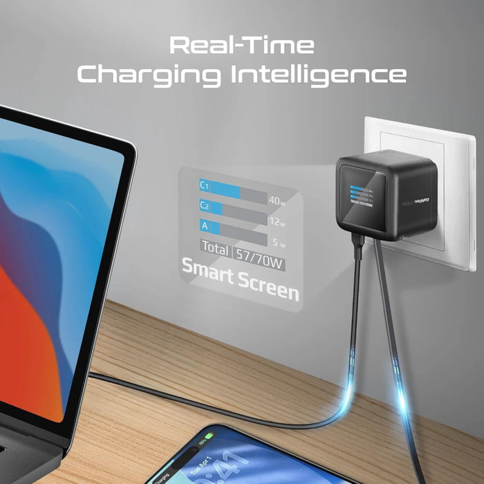 شاحن جداري GaNFast بقوة 70W مع كابل USB-C قابل للسحب وشاشة TFT ذكية من PROMATE