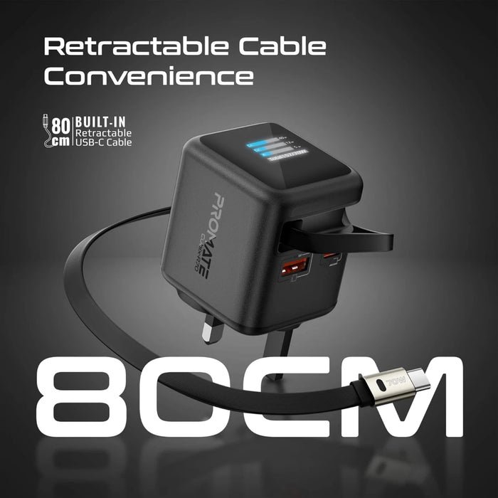 شاحن جداري GaNFast بقوة 70W مع كابل USB-C قابل للسحب وشاشة TFT ذكية من PROMATE