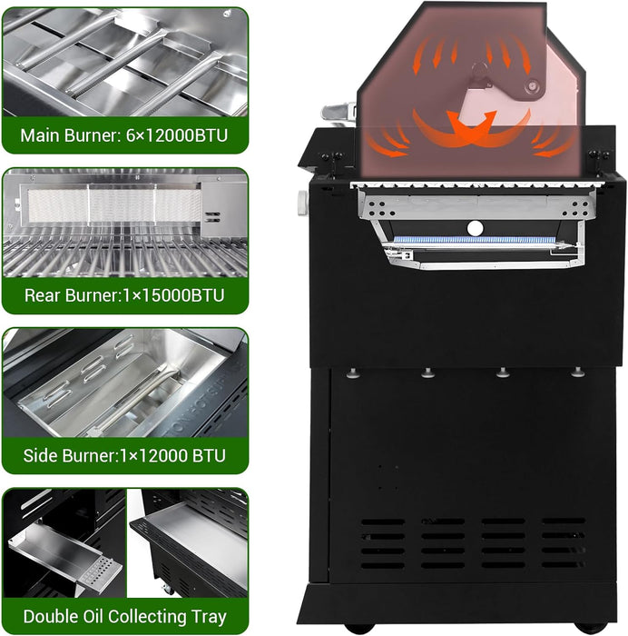 شواية غاز 6 شعلات من الفولاذ المقاوم للصدأ بقوة 99,000 BTU للاحترافية