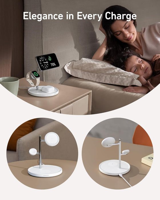 شاحن لاسلكي 3 في 1 15W Qi2 لشحن iPhone وApple Watch وAirPods من Anker