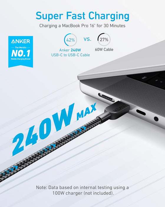 كابل USB-C إلى USB-C 6ft 240W مضفر للشحن السريع من Anker