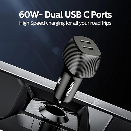 شاحن سيارة فيليبس 2 منفذ USB-C 60W شحن سريع وآمن