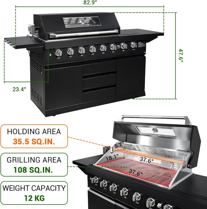 شواية غاز 6 شعلات من الفولاذ المقاوم للصدأ بقوة 99,000 BTU للاحترافية