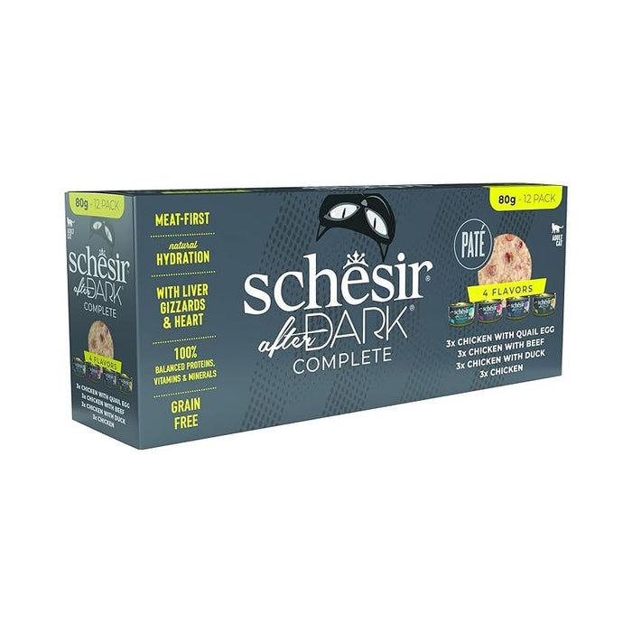 SCHESIR عبوة متنوعة After Dark 12x80g باتيه في مرق (دجاج/لحم بقري/بط) للقطط