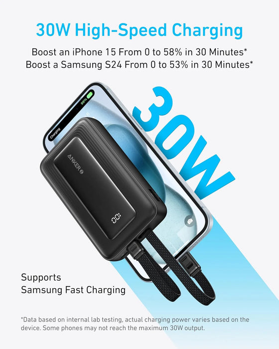 باور بنك أنكر 10K بقدرة 30W مع كابل USB-C وLightning مدمج - أزرق