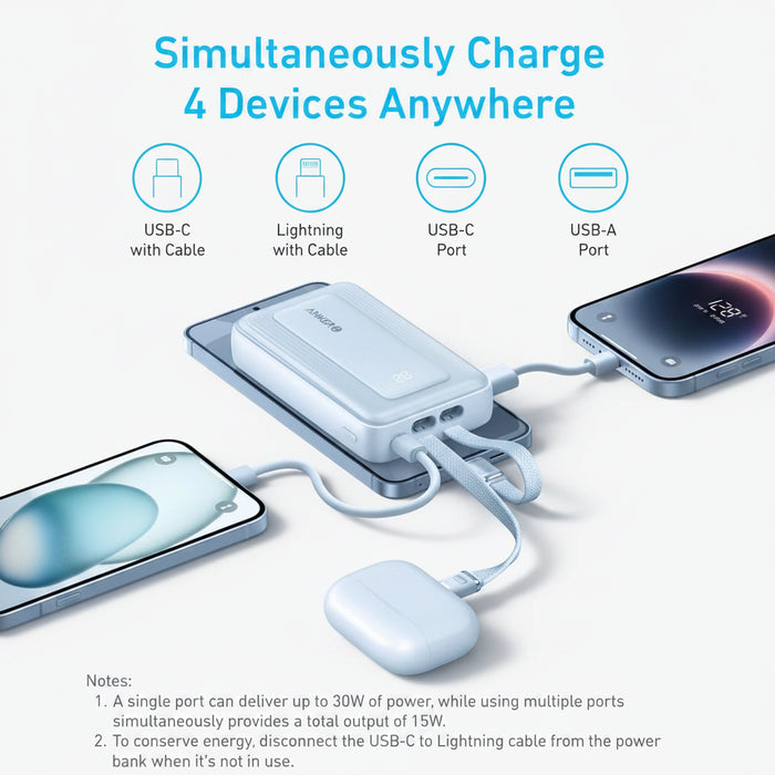 باور بنك أنكر 10K بقدرة 30W مع كابل USB-C وLightning مدمج - أزرق