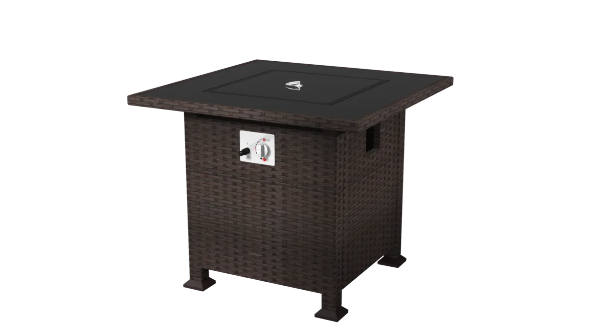 طاولة نار غازية مربعة بإطار فولاذي بني وغطاء زجاجي لحماية المساحات الخارجية